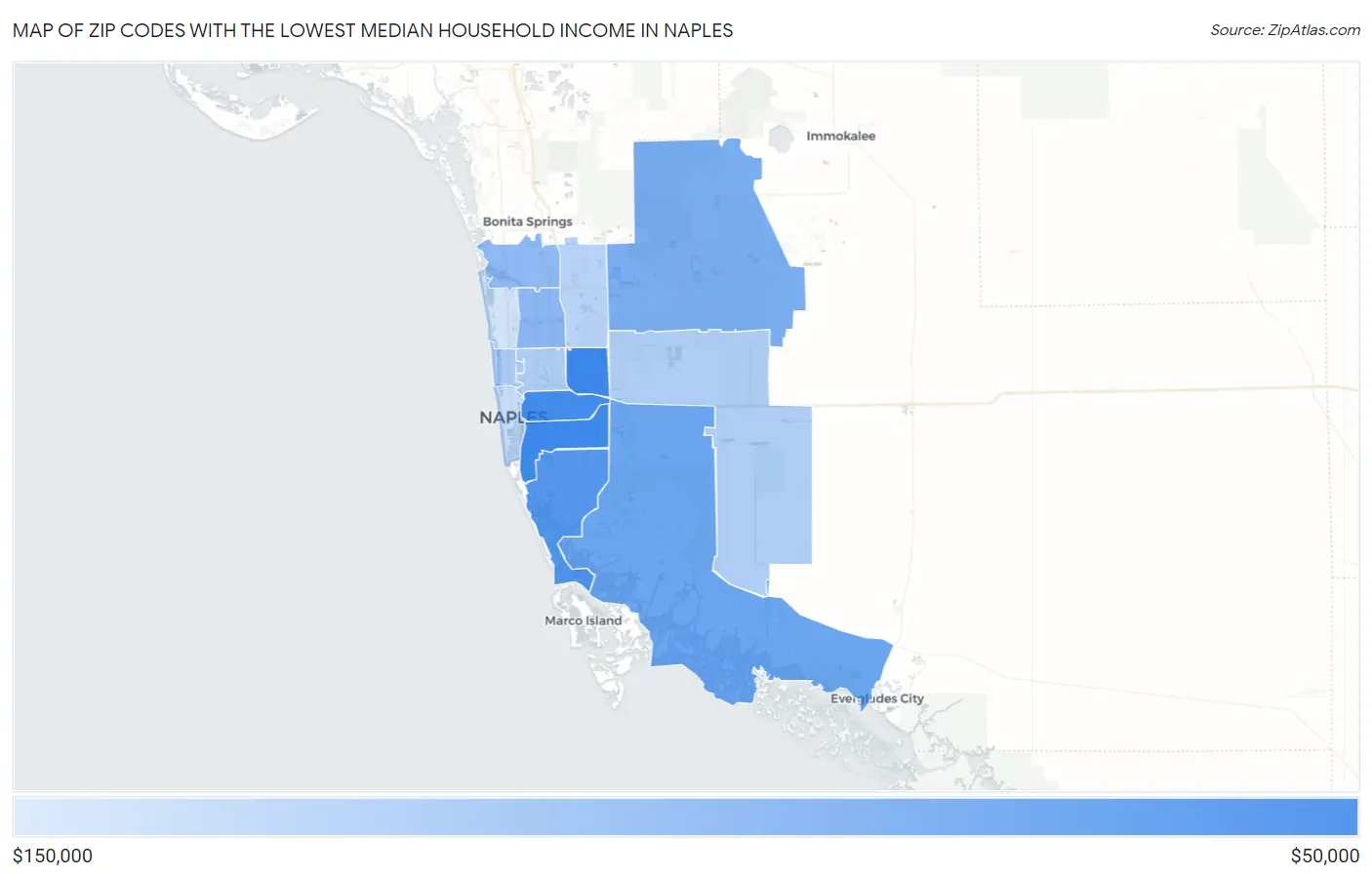 Zip Codes with the Lowest Median Household Income in Naples Map