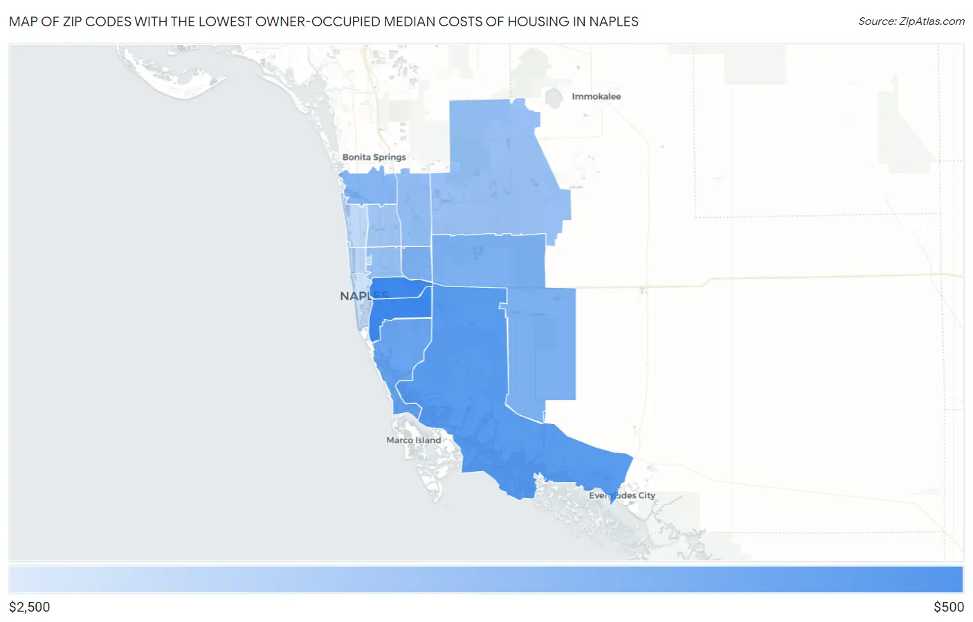 Zip Codes with the Lowest Owner-Occupied Median Costs of Housing in Naples Map
