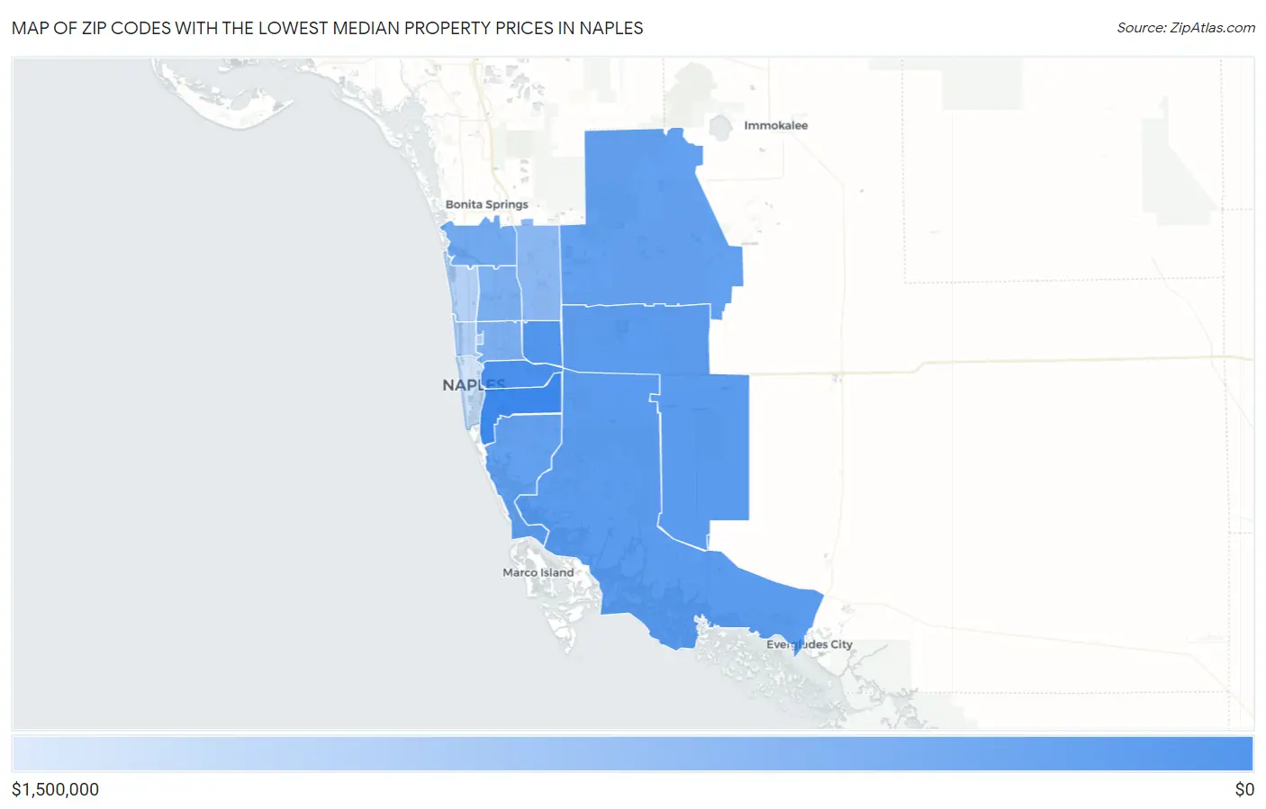 Zip Codes with the Lowest Median Property Prices in Naples Map