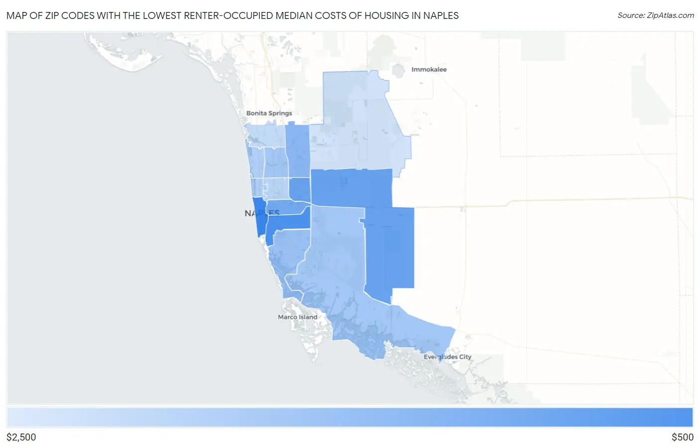 Zip Codes with the Lowest Renter-Occupied Median Costs of Housing in Naples Map