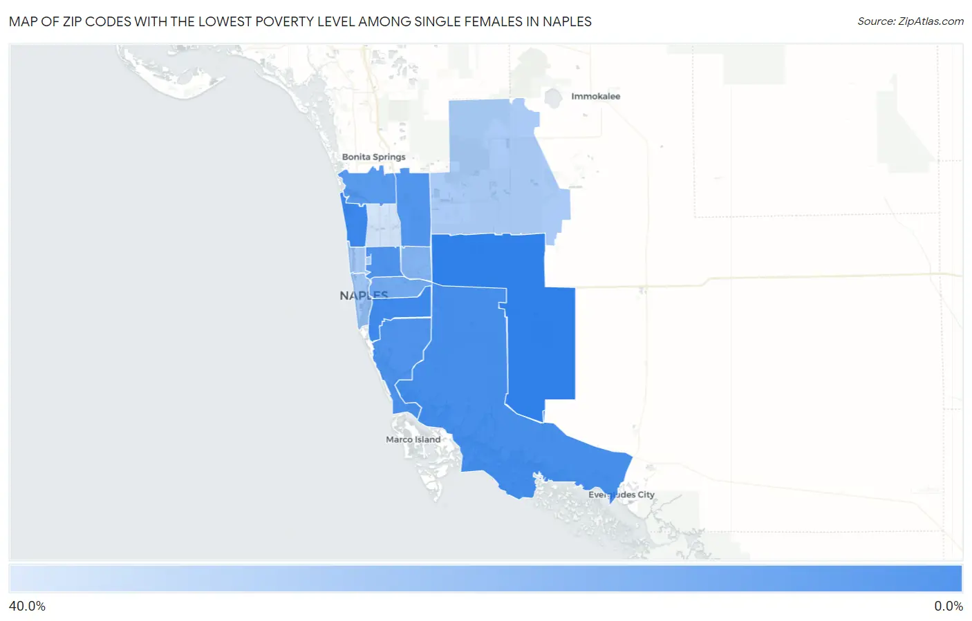 Zip Codes with the Lowest Poverty Level Among Single Females in Naples Map