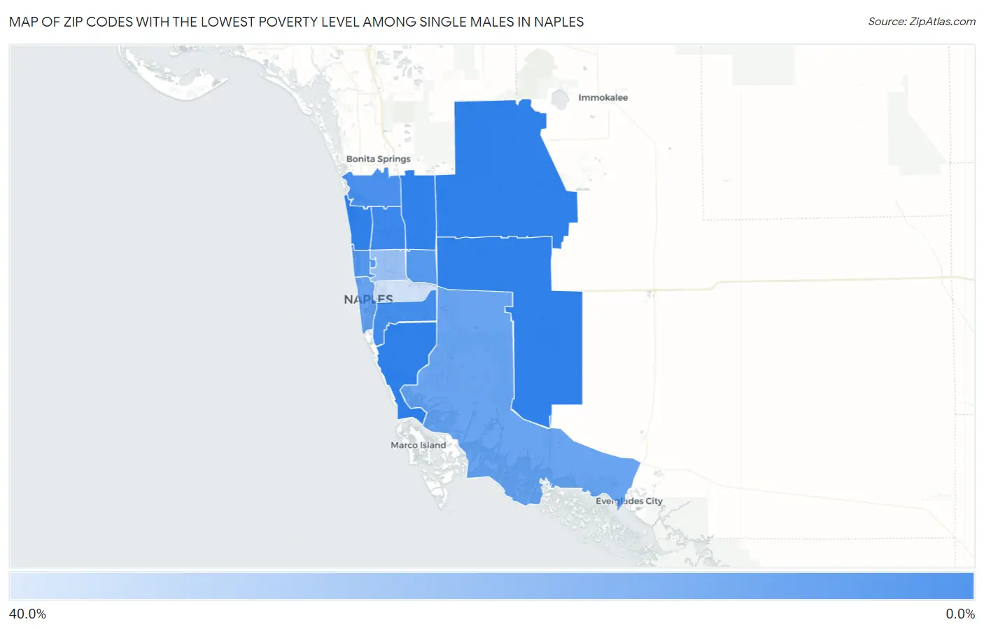 Zip Codes with the Lowest Poverty Level Among Single Males in Naples Map