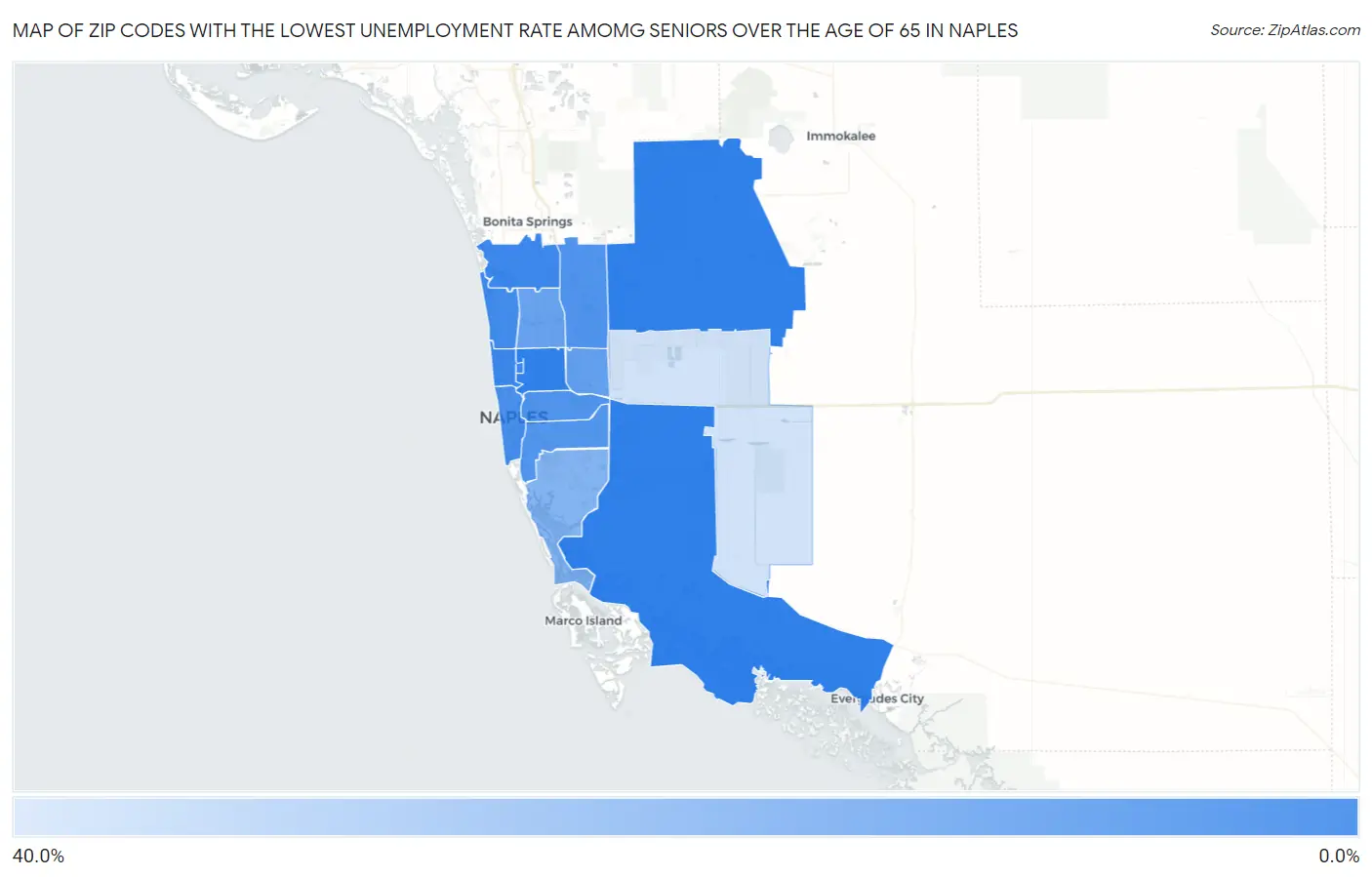 Zip Codes with the Lowest Unemployment Rate Amomg Seniors Over the Age of 65 in Naples Map