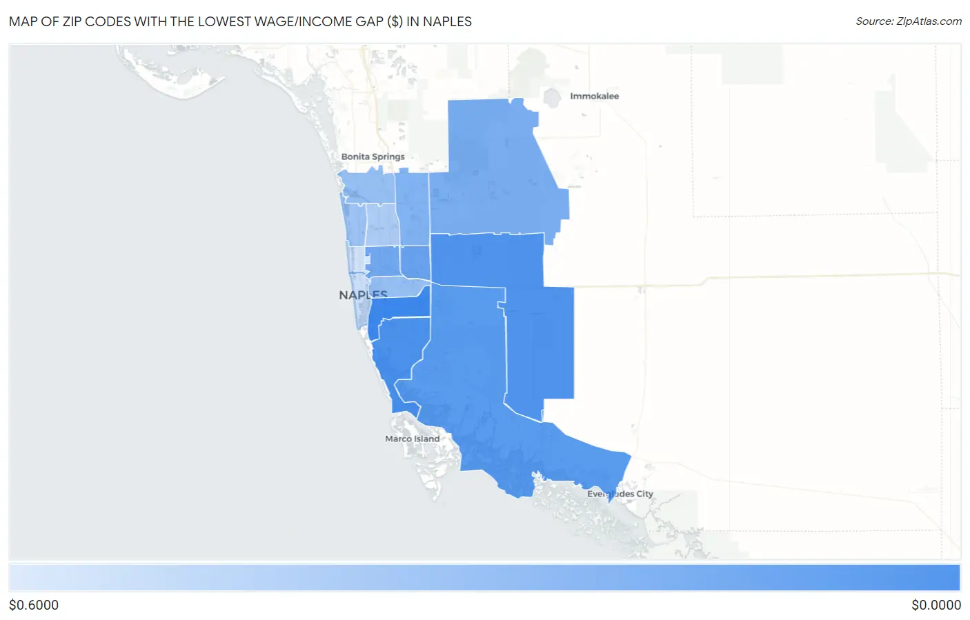 Zip Codes with the Lowest Wage/Income Gap ($) in Naples Map