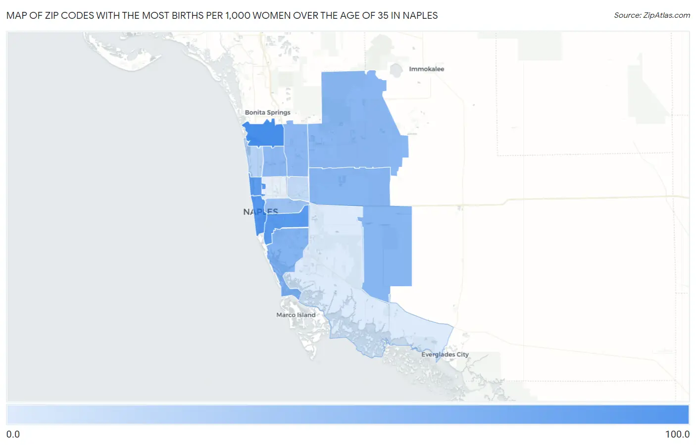 Zip Codes with the Most Births per 1,000 Women Over the Age of 35 in Naples Map