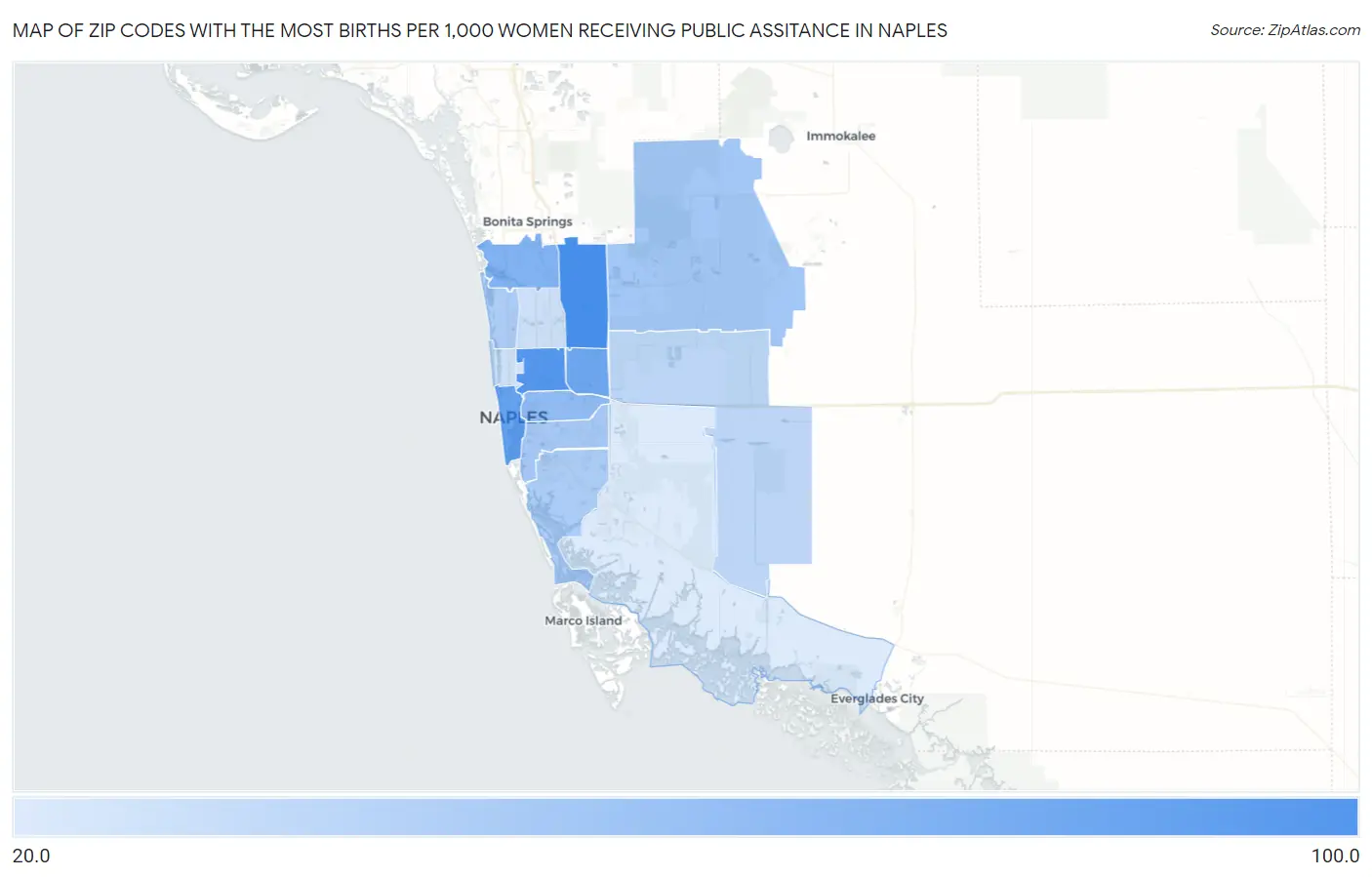 Zip Codes with the Most Births per 1,000 Women Receiving Public Assitance in Naples Map