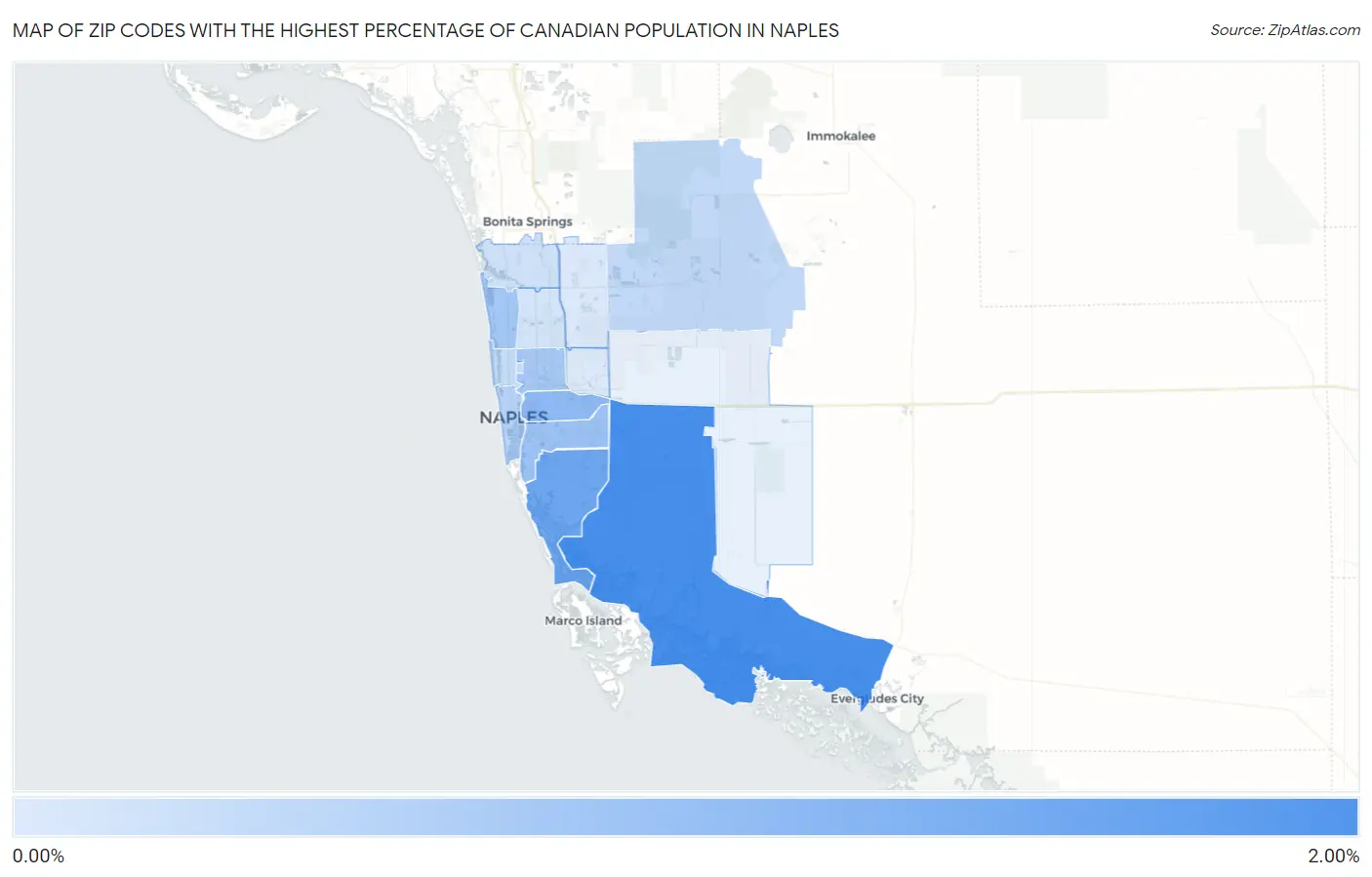 Zip Codes with the Highest Percentage of Canadian Population in Naples Map