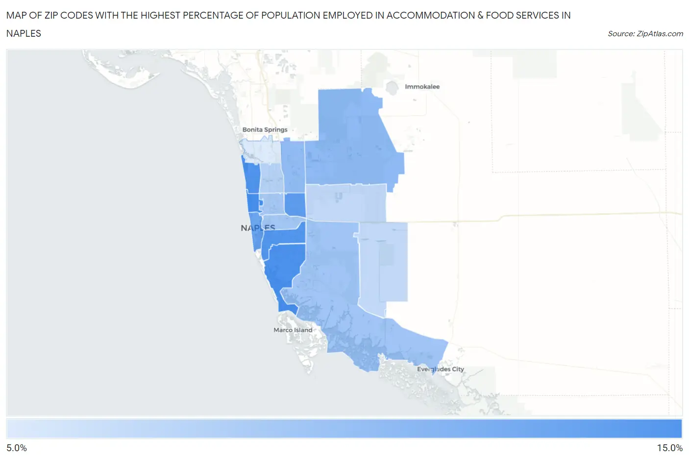 Zip Codes with the Highest Percentage of Population Employed in Accommodation & Food Services in Naples Map
