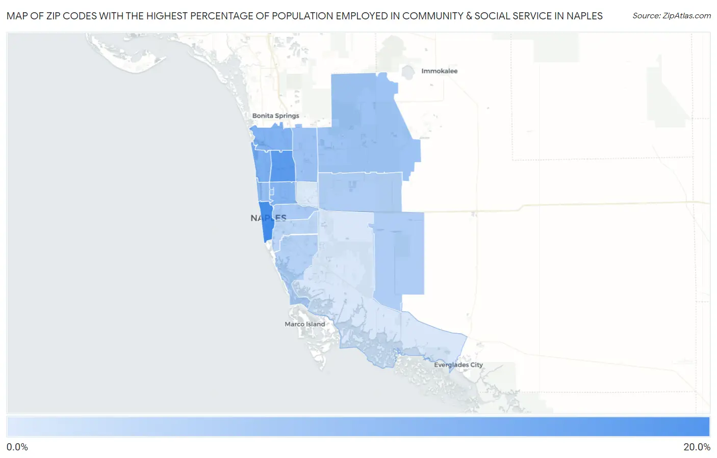 Zip Codes with the Highest Percentage of Population Employed in Community & Social Service  in Naples Map