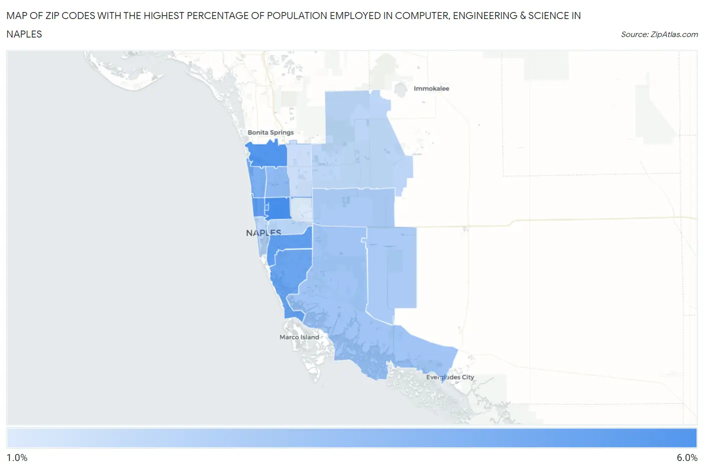 Zip Codes with the Highest Percentage of Population Employed in Computer, Engineering & Science in Naples Map