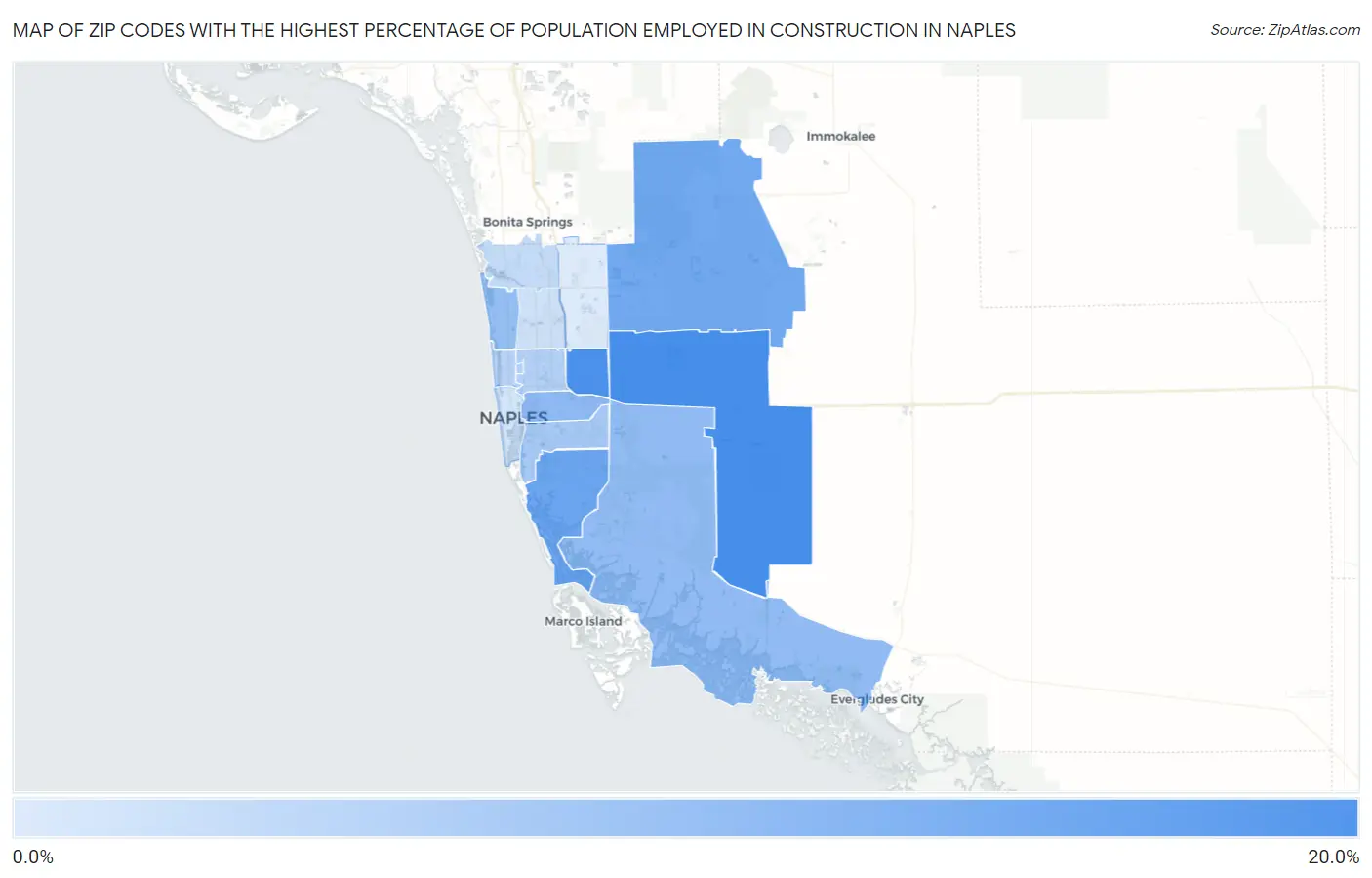 Zip Codes with the Highest Percentage of Population Employed in Construction in Naples Map