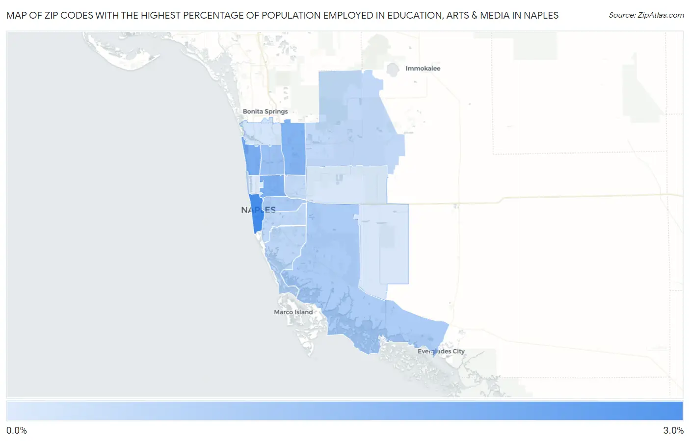 Zip Codes with the Highest Percentage of Population Employed in Education, Arts & Media in Naples Map
