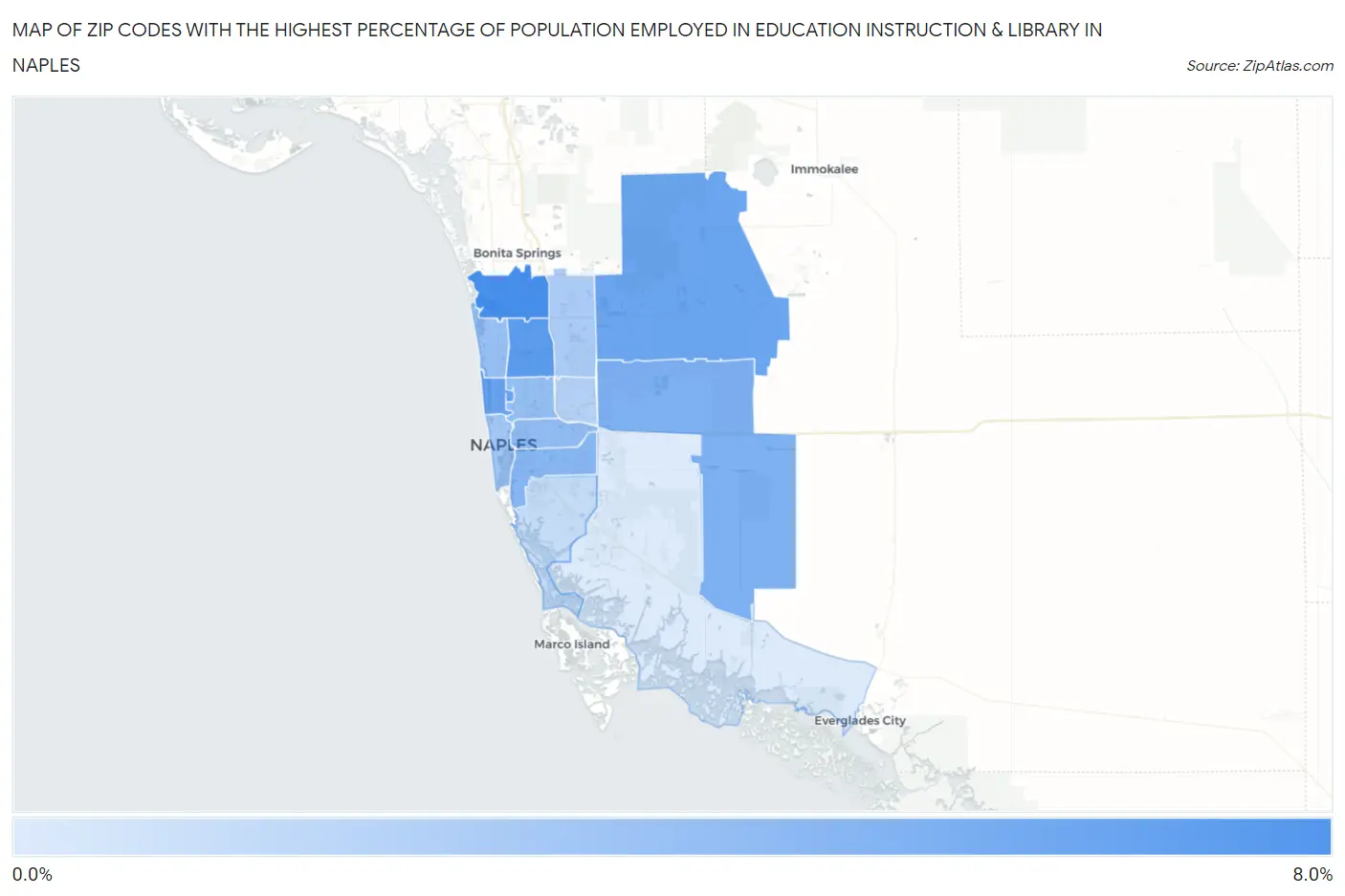 Zip Codes with the Highest Percentage of Population Employed in Education Instruction & Library in Naples Map