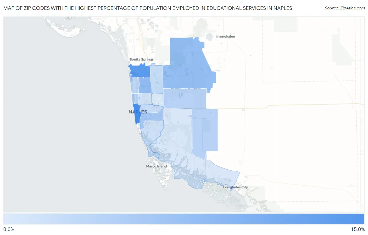 Zip Codes with the Highest Percentage of Population Employed in Educational Services in Naples Map