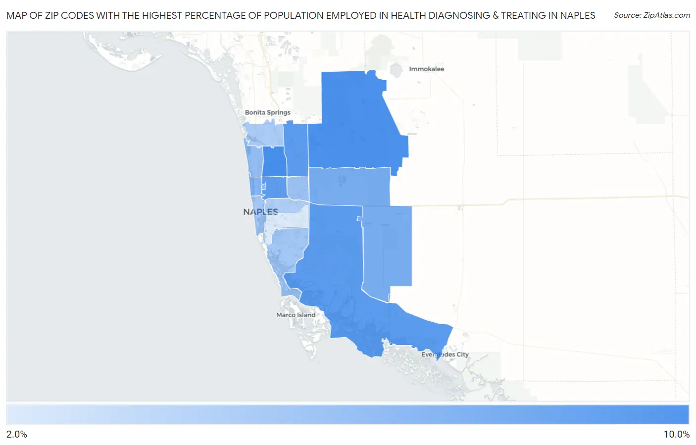 Zip Codes with the Highest Percentage of Population Employed in Health Diagnosing & Treating in Naples Map