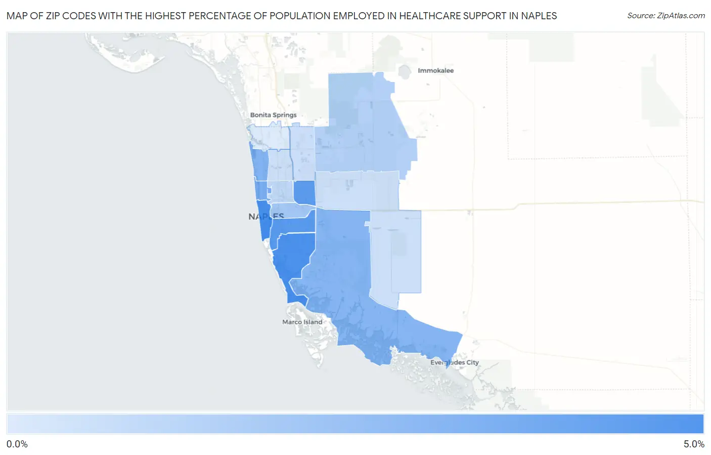 Zip Codes with the Highest Percentage of Population Employed in Healthcare Support in Naples Map
