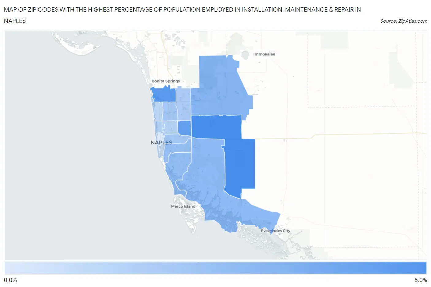 Zip Codes with the Highest Percentage of Population Employed in Installation, Maintenance & Repair in Naples Map