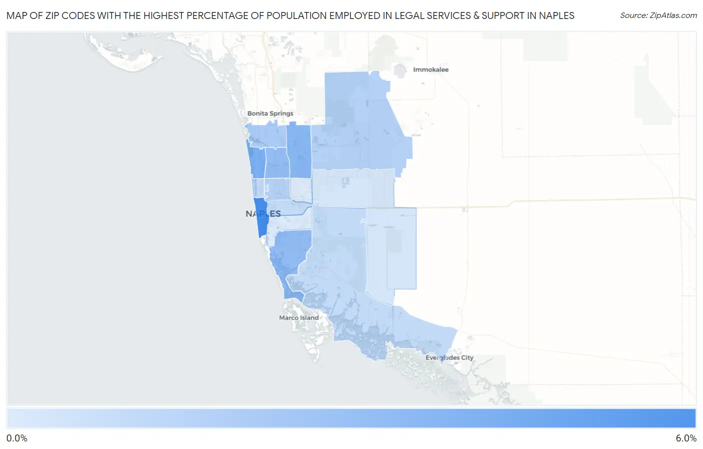 Zip Codes with the Highest Percentage of Population Employed in Legal Services & Support in Naples Map