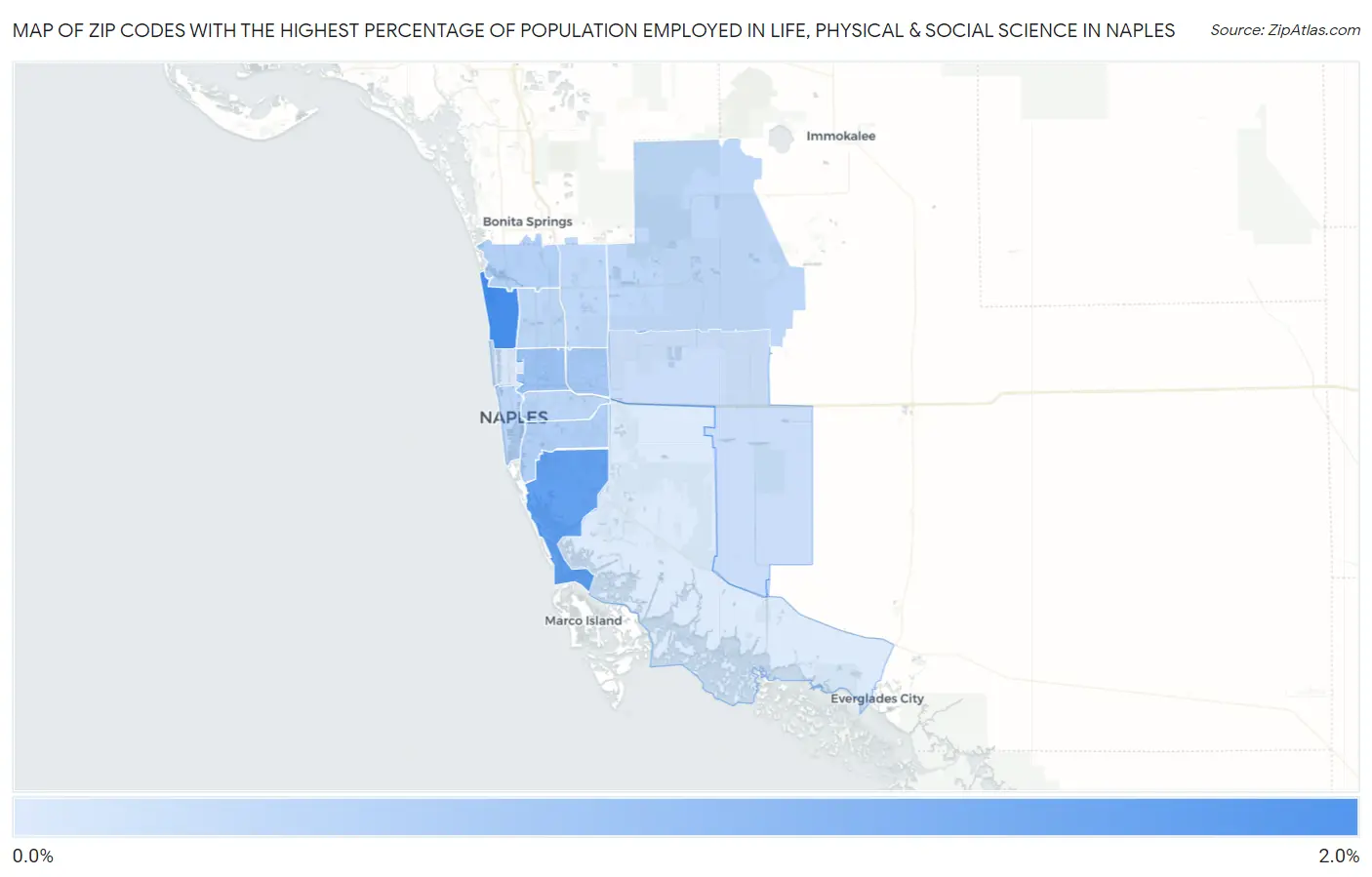 Zip Codes with the Highest Percentage of Population Employed in Life, Physical & Social Science in Naples Map