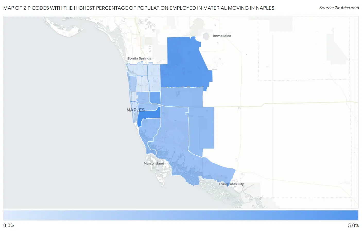 Zip Codes with the Highest Percentage of Population Employed in Material Moving in Naples Map