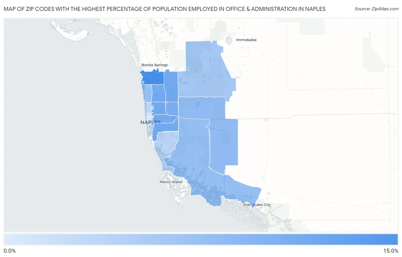Zip Codes with the Highest Percentage of Population Employed in Office & Administration in Naples Map
