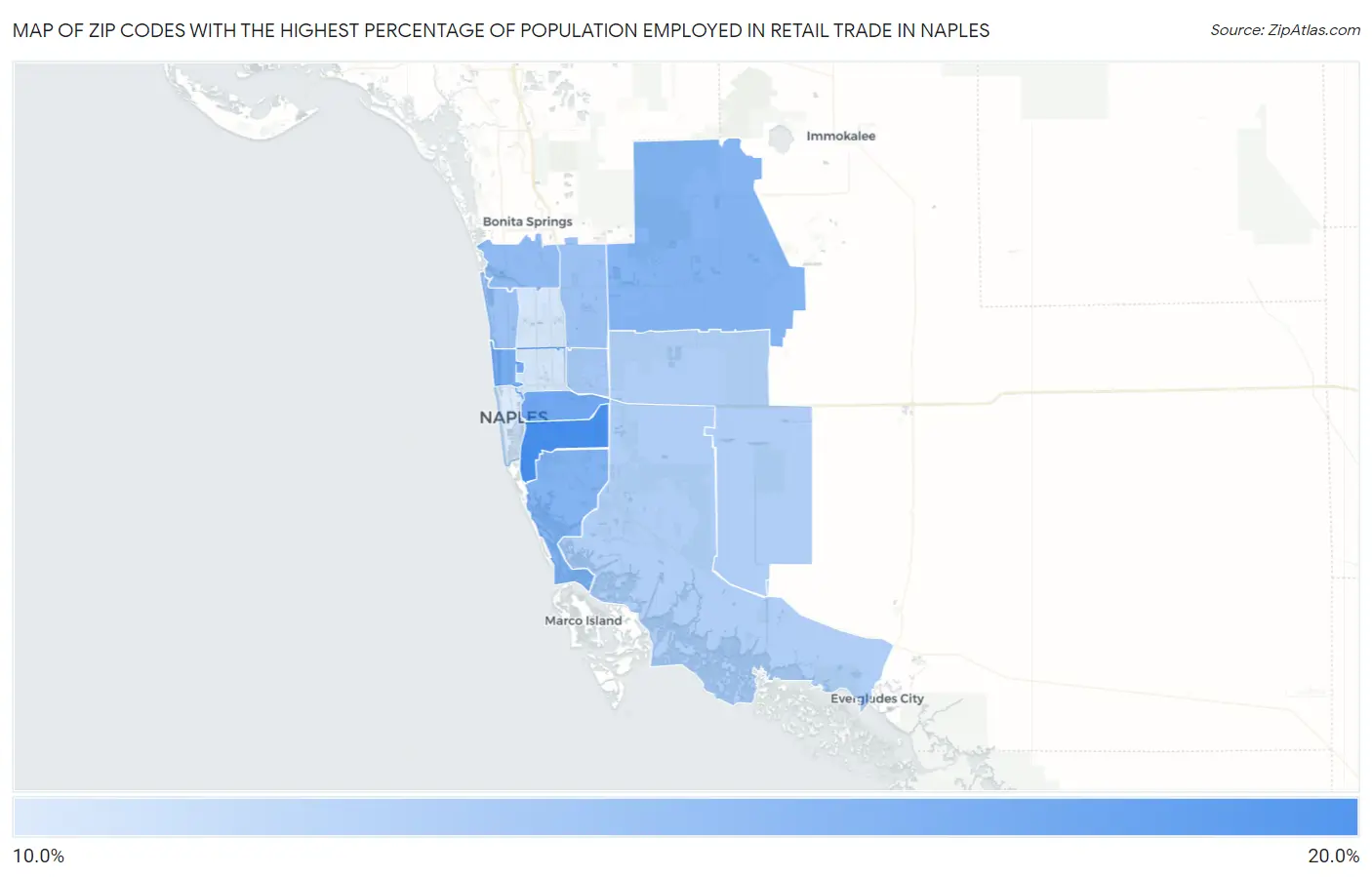 Zip Codes with the Highest Percentage of Population Employed in Retail Trade in Naples Map