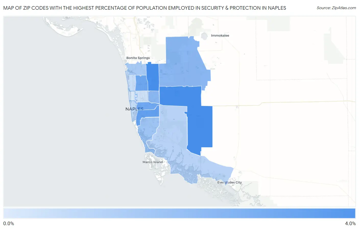 Zip Codes with the Highest Percentage of Population Employed in Security & Protection in Naples Map