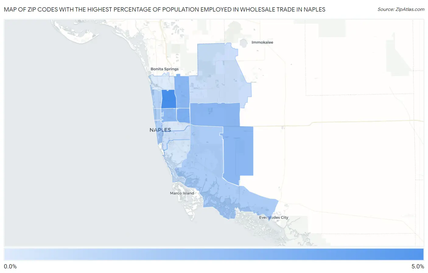 Zip Codes with the Highest Percentage of Population Employed in Wholesale Trade in Naples Map
