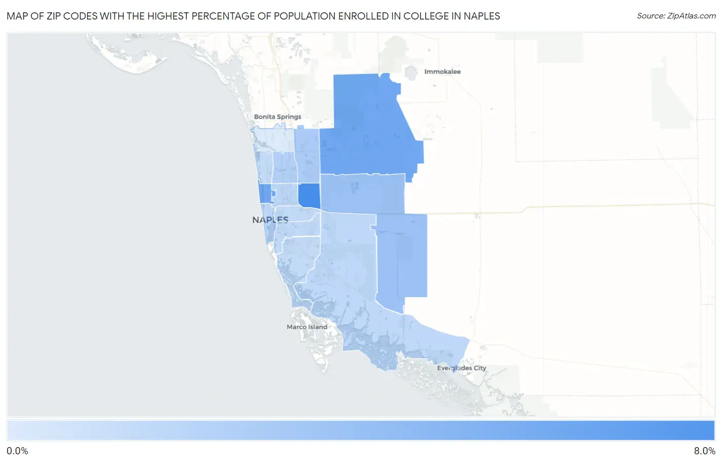 Zip Codes with the Highest Percentage of Population Enrolled in College in Naples Map