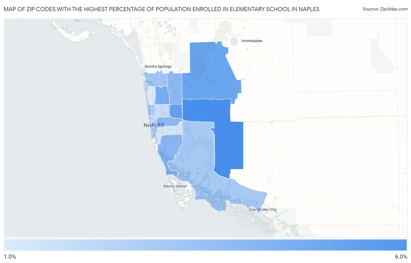 Zip Codes with the Highest Percentage of Population Enrolled in Elementary School in Naples Map