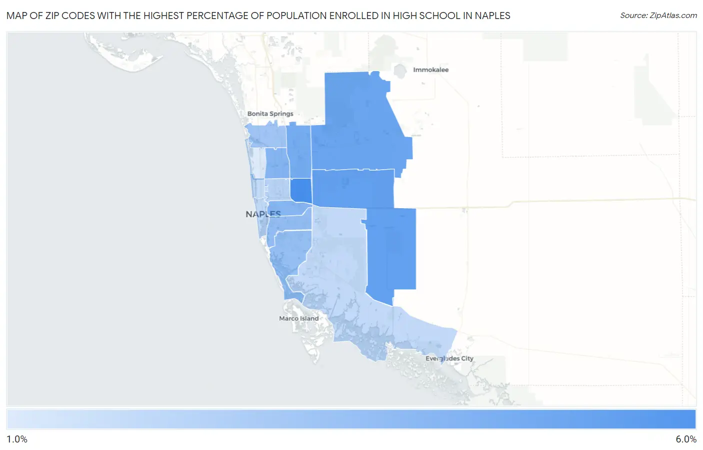 Zip Codes with the Highest Percentage of Population Enrolled in High School in Naples Map