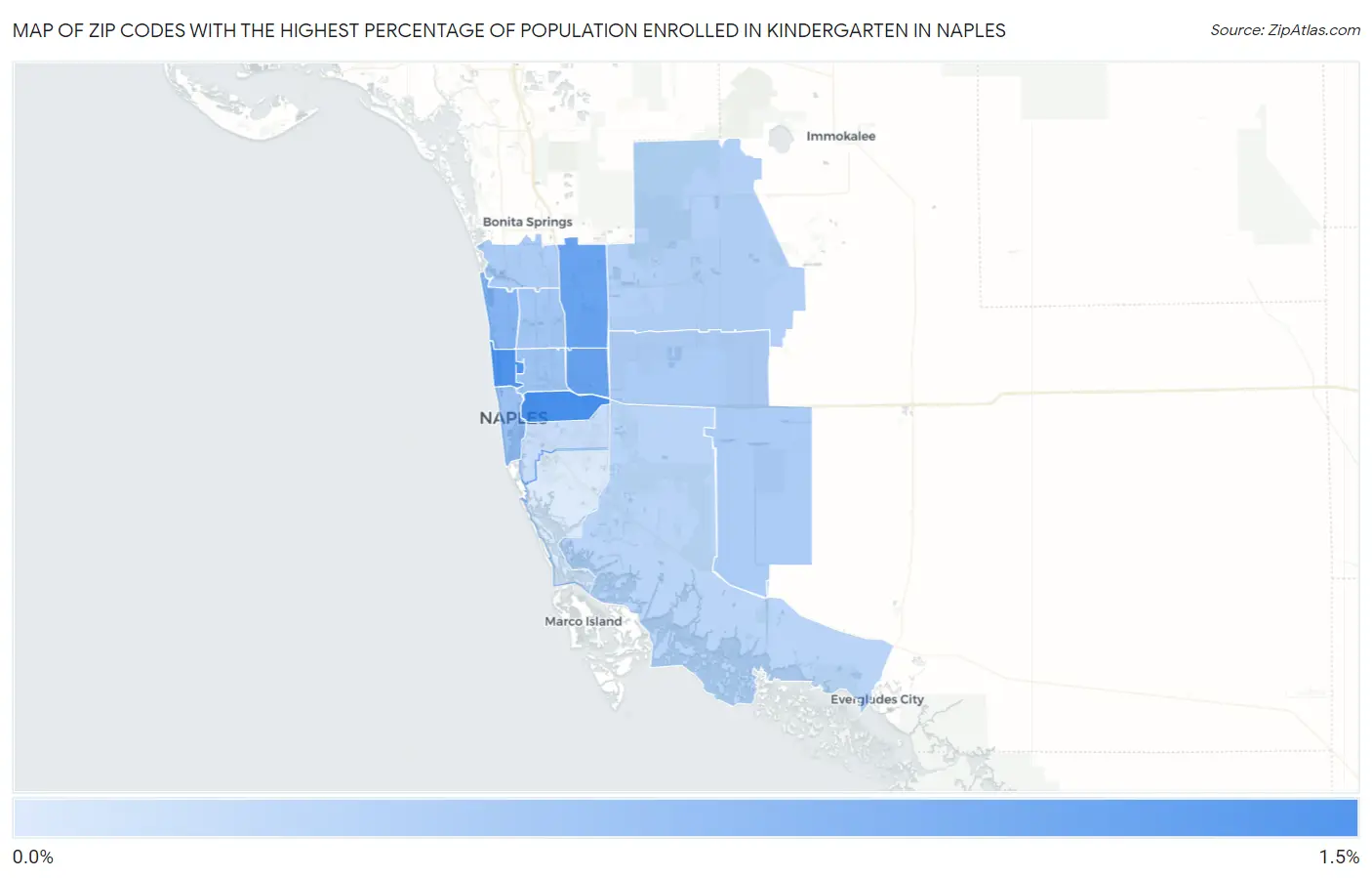 Zip Codes with the Highest Percentage of Population Enrolled in Kindergarten in Naples Map