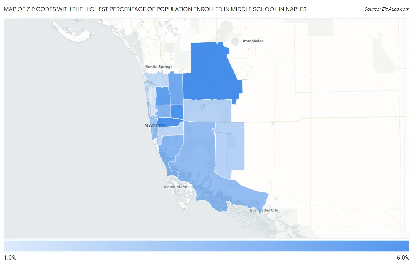 Zip Codes with the Highest Percentage of Population Enrolled in Middle School in Naples Map