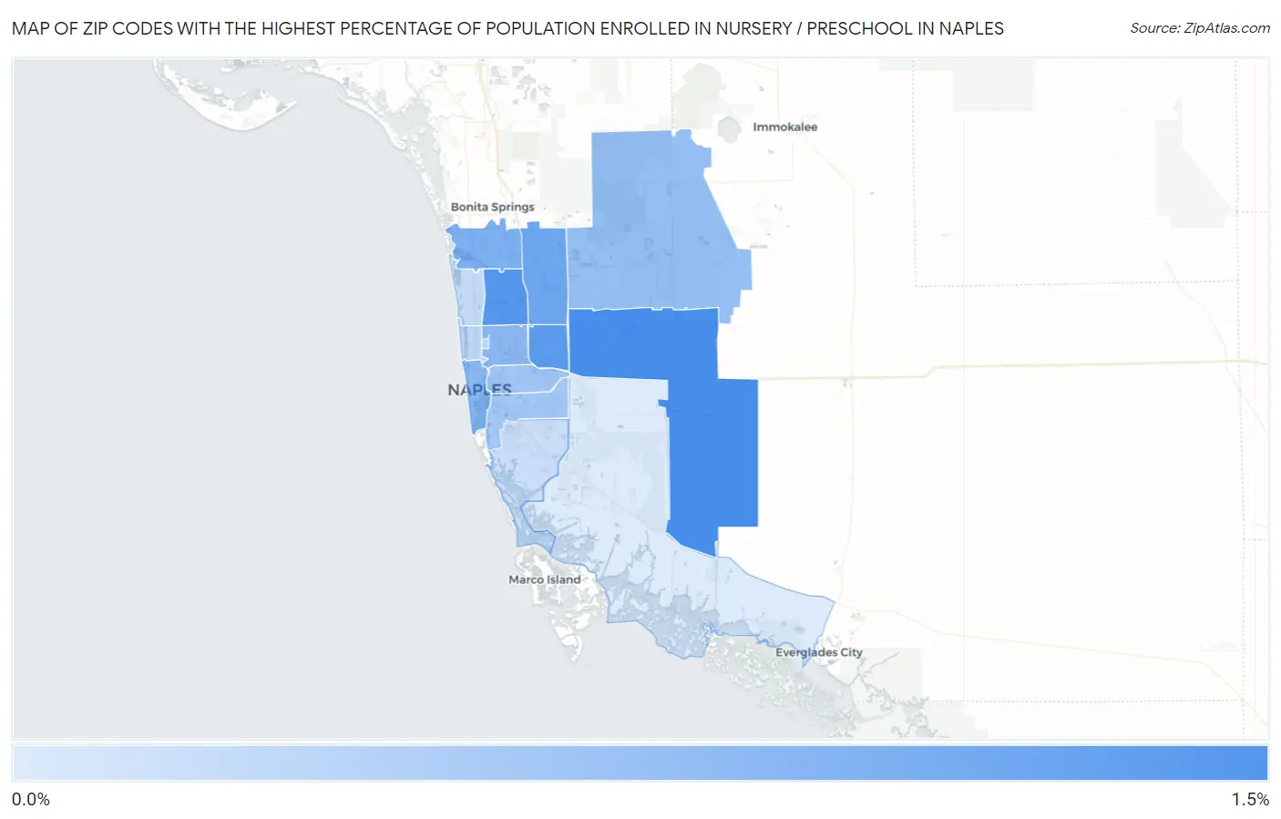 Zip Codes with the Highest Percentage of Population Enrolled in Nursery / Preschool in Naples Map