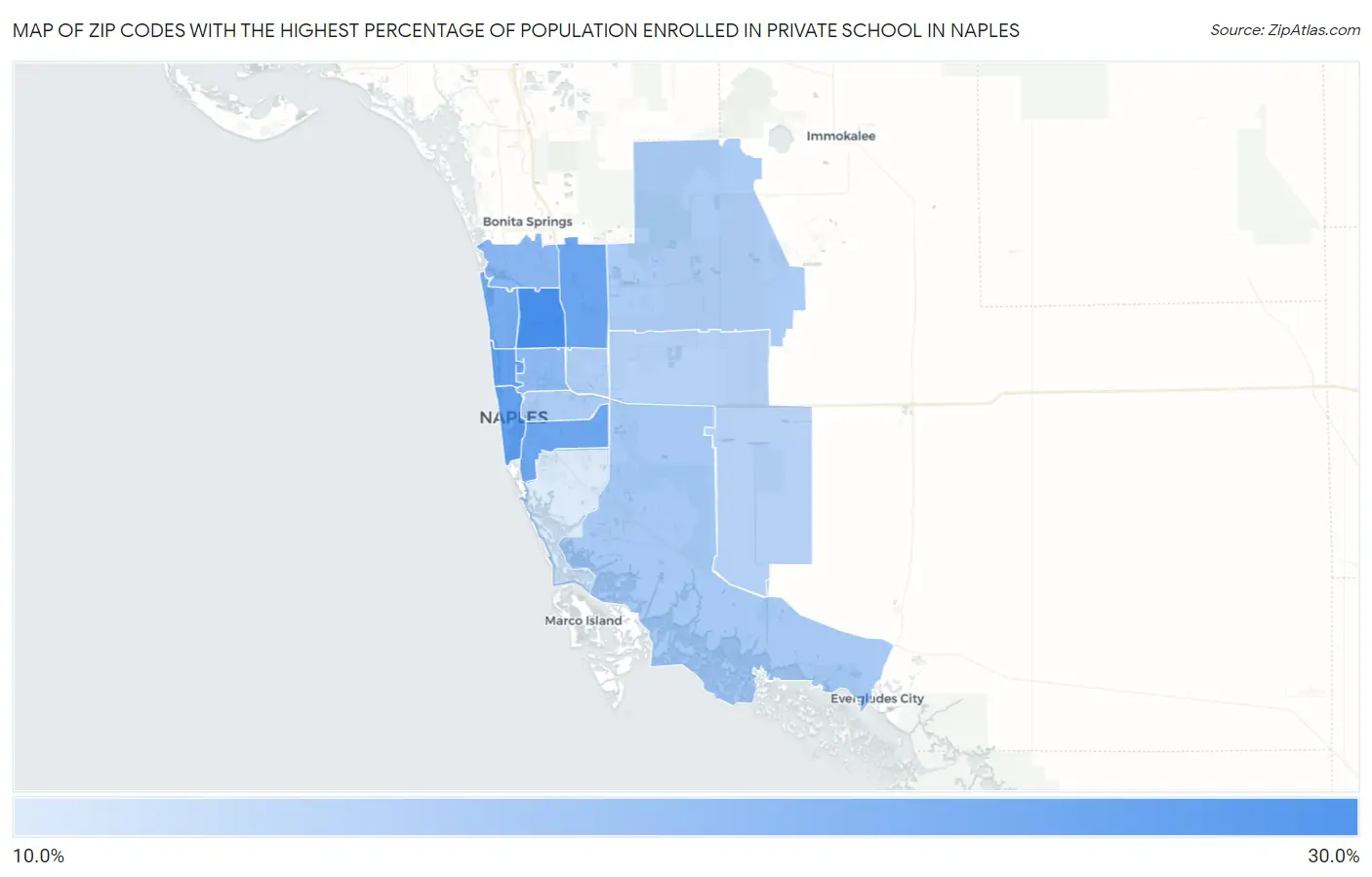 Zip Codes with the Highest Percentage of Population Enrolled in Private School in Naples Map