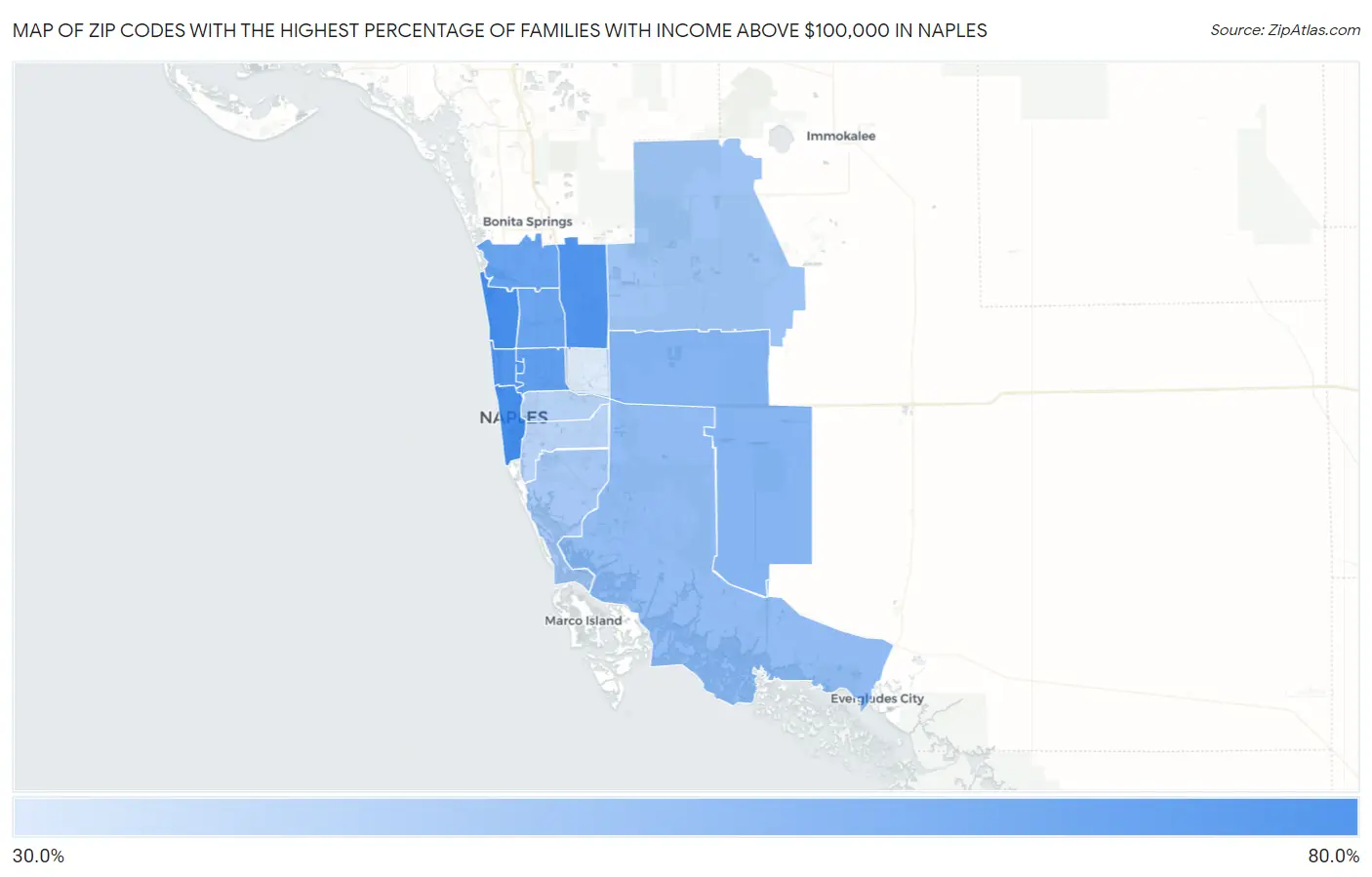Zip Codes with the Highest Percentage of Families with Income Above $100,000 in Naples Map