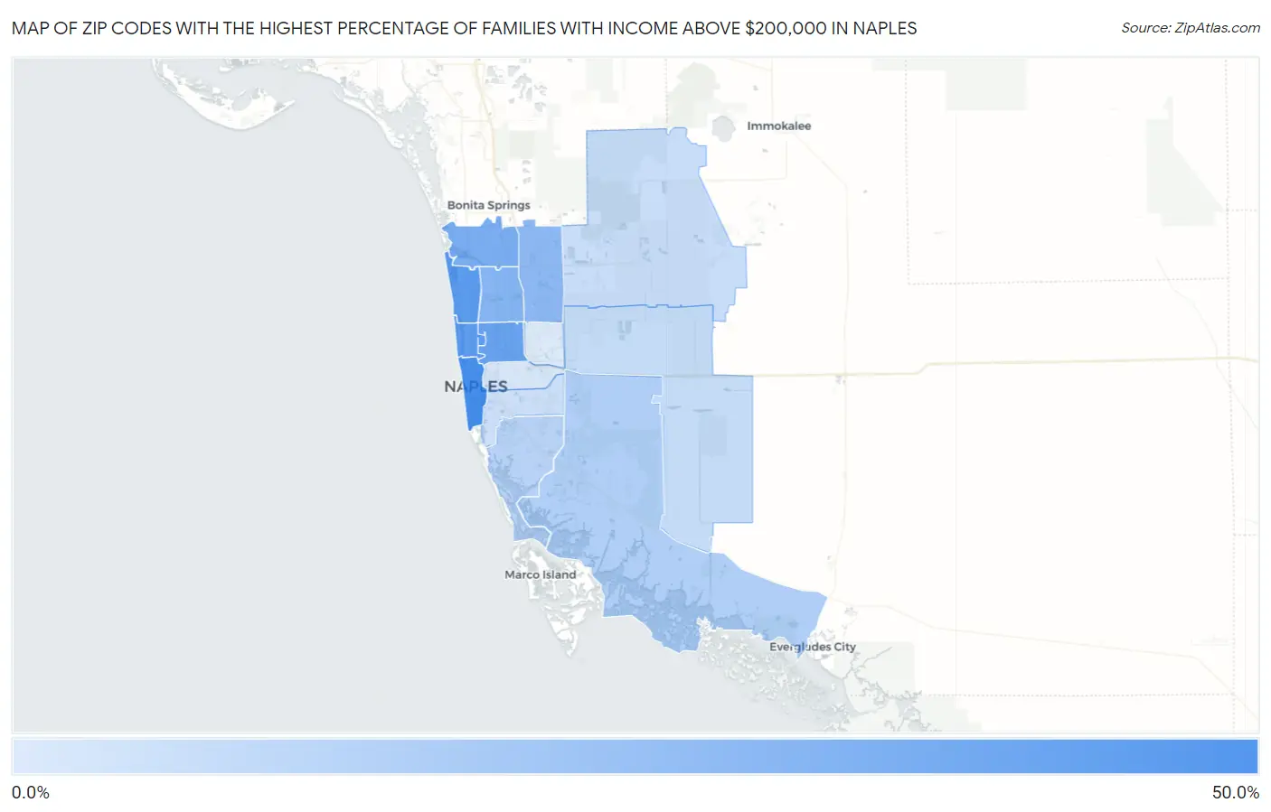 Zip Codes with the Highest Percentage of Families with Income Above $200,000 in Naples Map
