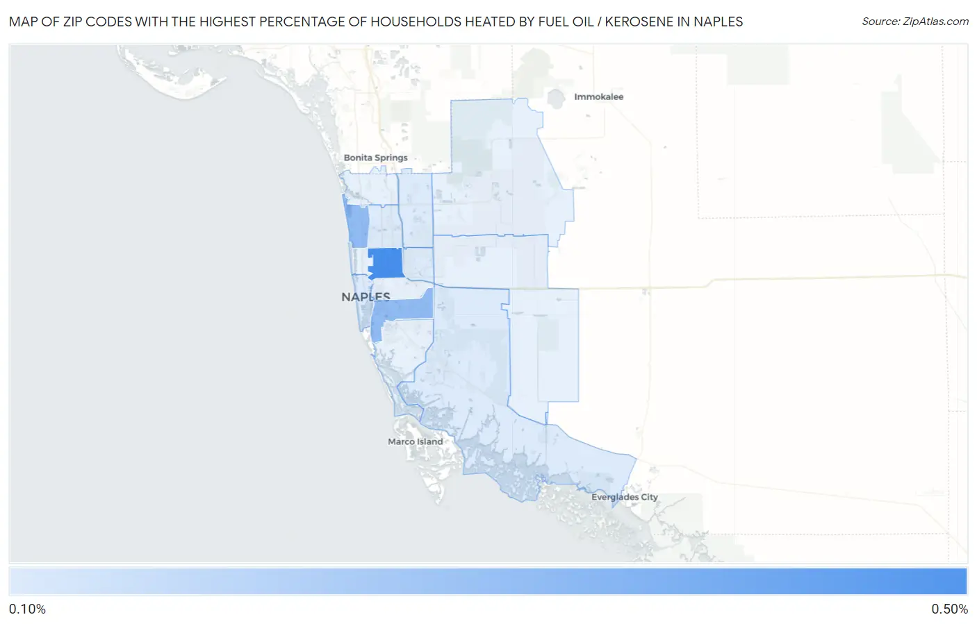 Zip Codes with the Highest Percentage of Households Heated by Fuel Oil / Kerosene in Naples Map