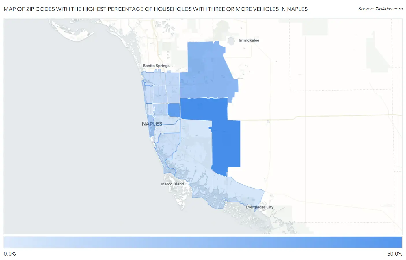 Zip Codes with the Highest Percentage of Households With Three or more Vehicles in Naples Map