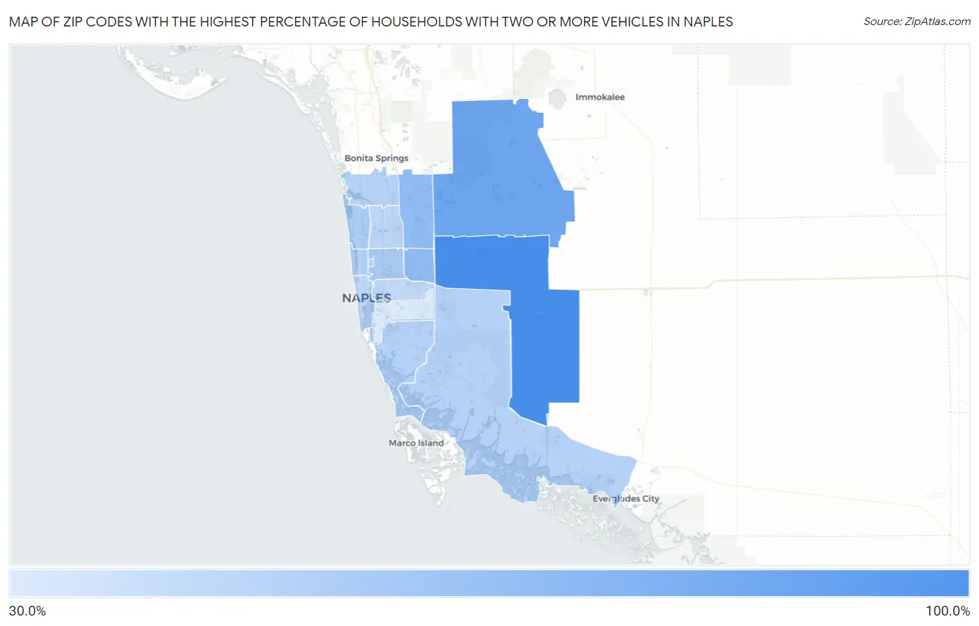 Zip Codes with the Highest Percentage of Households With Two or more Vehicles in Naples Map