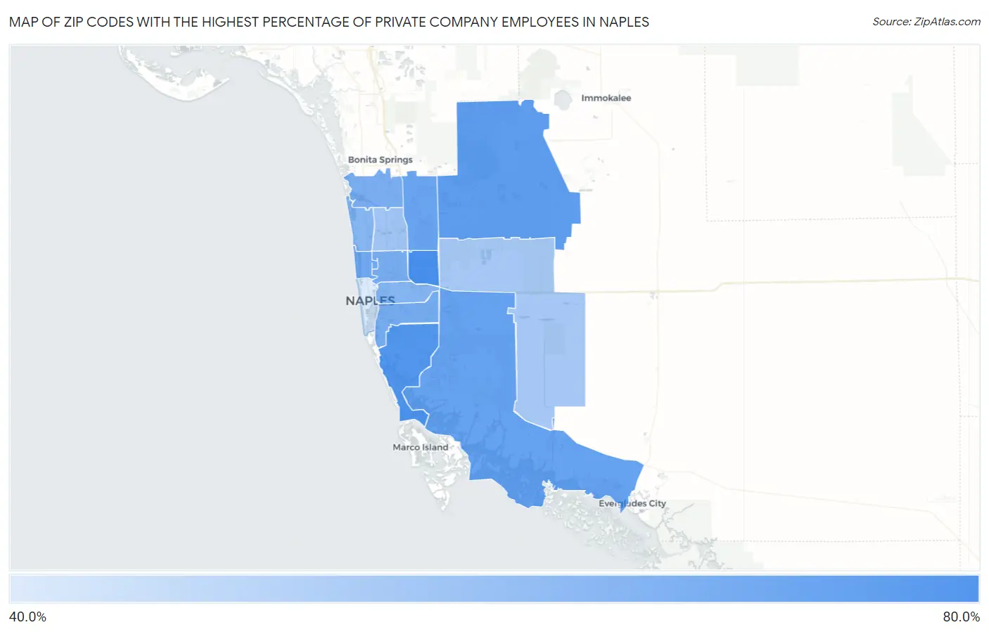 Zip Codes with the Highest Percentage of Private Company Employees in Naples Map