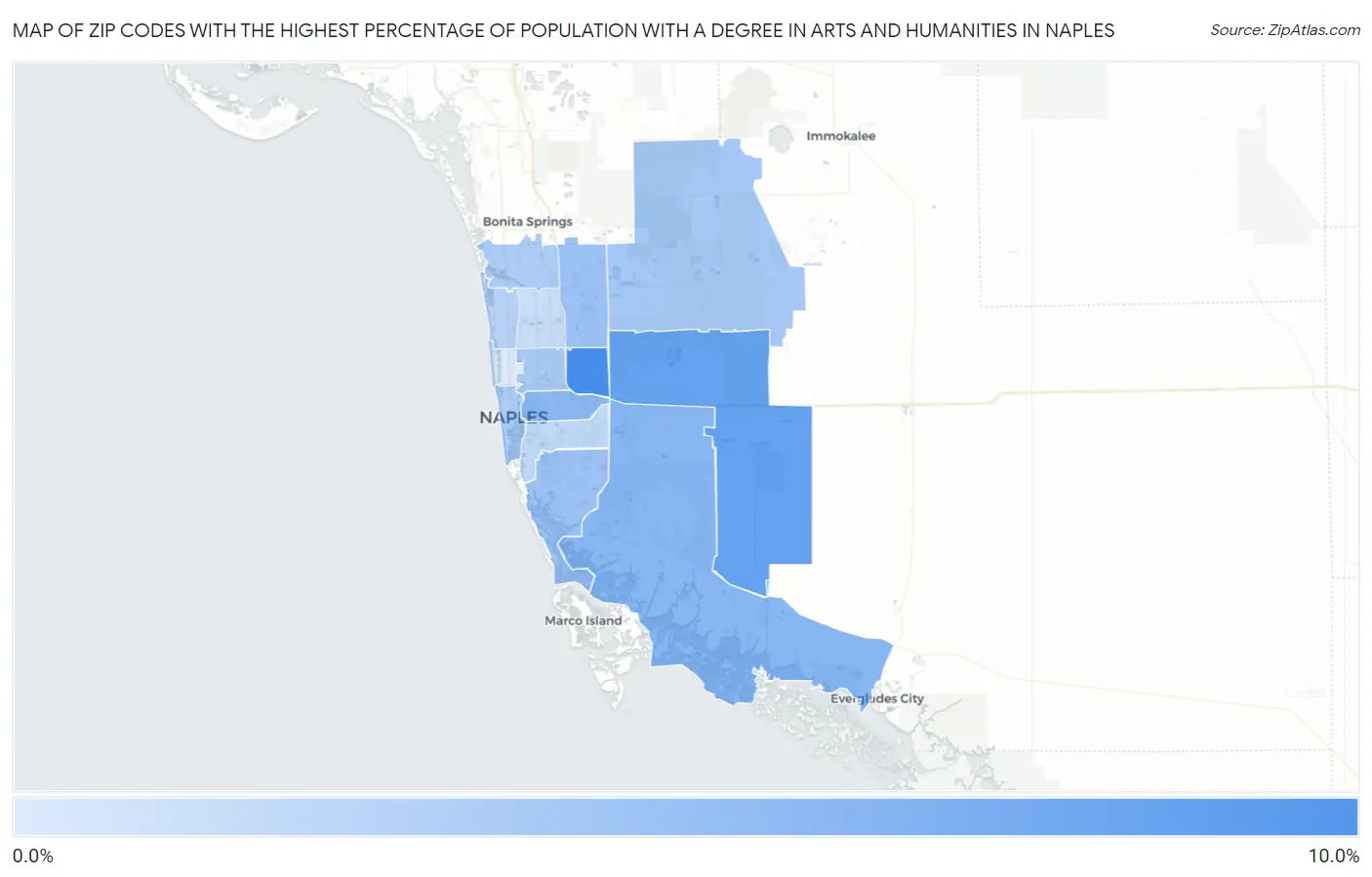 Zip Codes with the Highest Percentage of Population with a Degree in Arts and Humanities in Naples Map