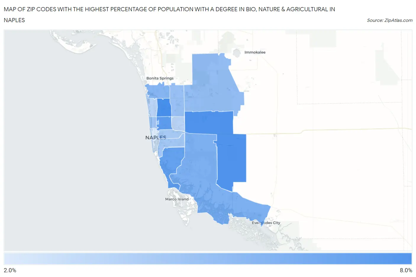 Zip Codes with the Highest Percentage of Population with a Degree in Bio, Nature & Agricultural in Naples Map