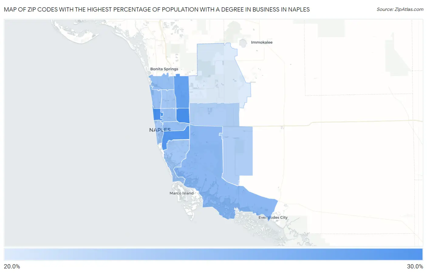 Zip Codes with the Highest Percentage of Population with a Degree in Business in Naples Map