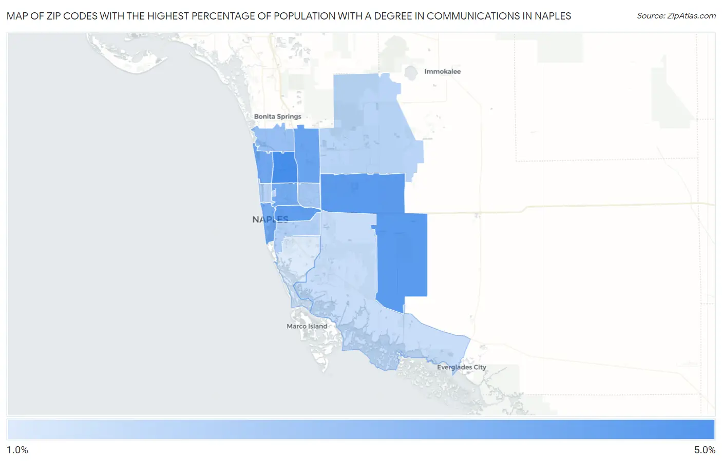 Zip Codes with the Highest Percentage of Population with a Degree in Communications in Naples Map