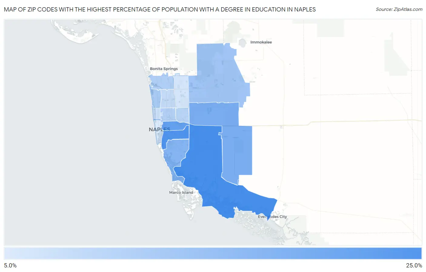 Zip Codes with the Highest Percentage of Population with a Degree in Education in Naples Map