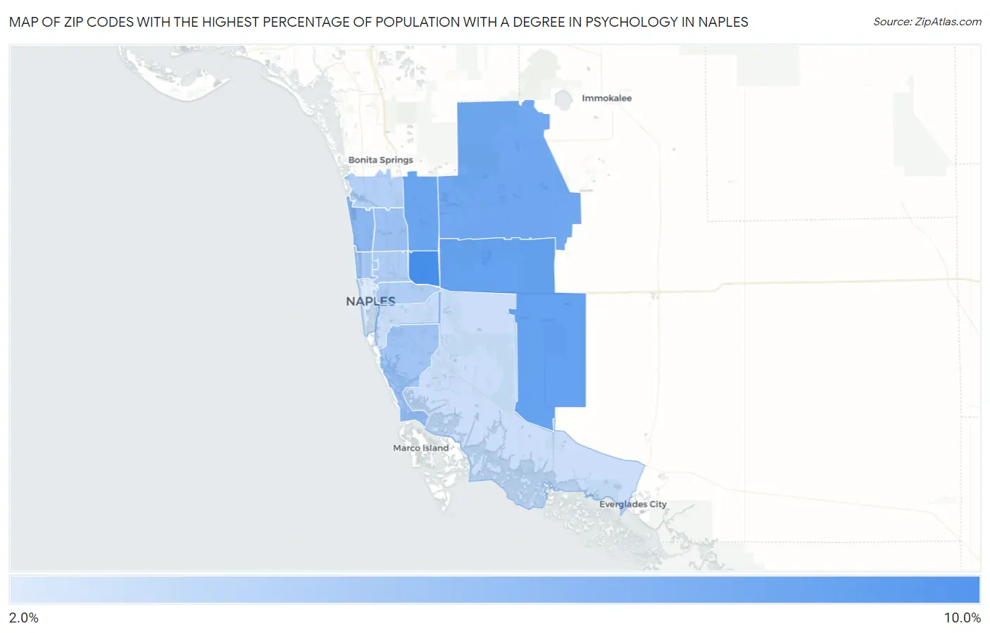 Zip Codes with the Highest Percentage of Population with a Degree in Psychology in Naples Map