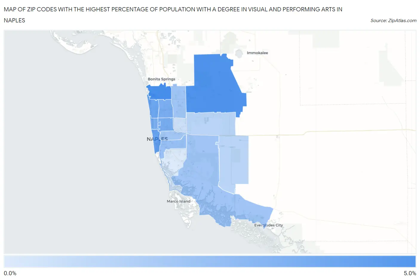 Zip Codes with the Highest Percentage of Population with a Degree in Visual and Performing Arts in Naples Map