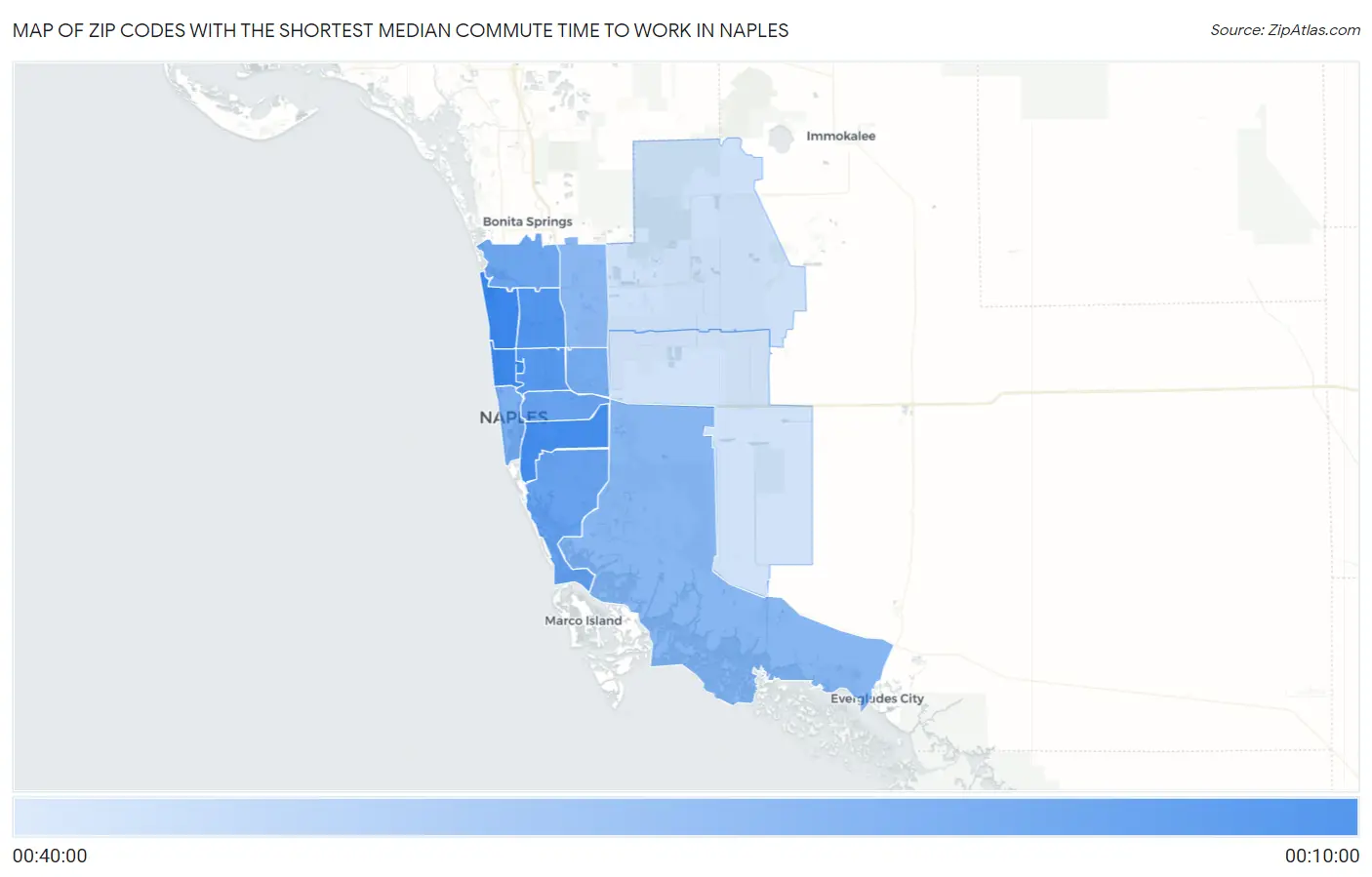 Zip Codes with the Shortest Median Commute Time to Work in Naples Map
