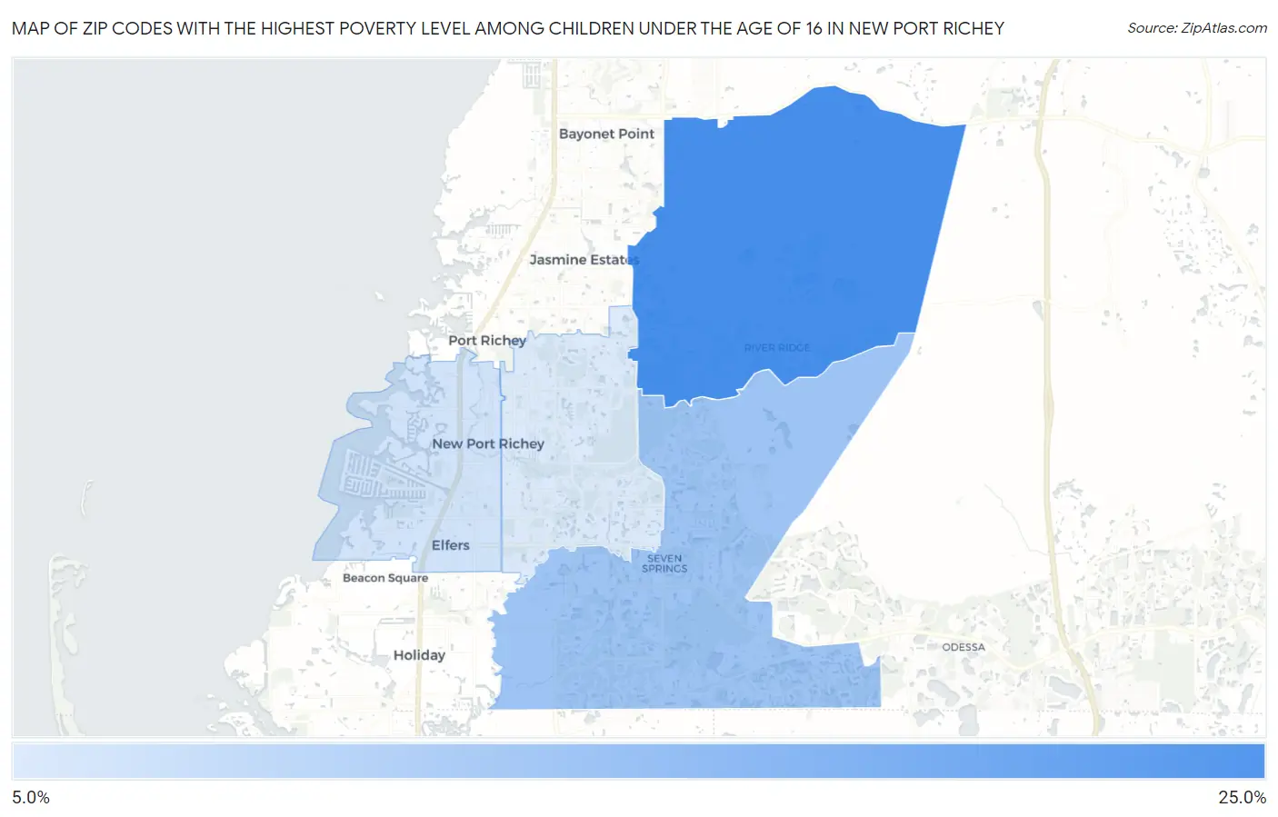 Zip Codes with the Highest Poverty Level Among Children Under the Age of 16 in New Port Richey Map